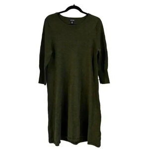 Lands End Merino Wool Blend Midi Knit Dress 3/4 Sleeves Dark Green Size Large
